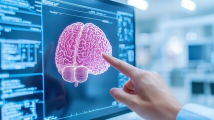 Poster - Hand indicating brain on computer display, illustrating concepts of neuroscience, technology integration, cognitive processes, educational tools, digital learning environments.