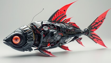 Futuristic robotic fish with detailed mechanics and bold red fins on a neutral backdrop