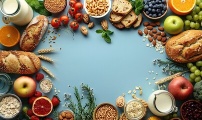 jewish holiday shavuot symbols on blue background flat lay top view dairy products milk bottle bread fruits wheat.