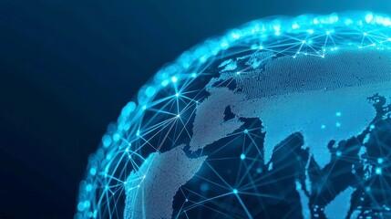 Poster - Abstract holographic globe representing global connections, vibrant social media links, dynamic interplay of life and business, ideal for modern digital workspace backdrop.