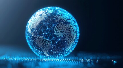 Poster - Holographic Global Connections, an abstract depiction of a world globe interconnected by vibrant nodes, representing social media and life, ideal for business environments.