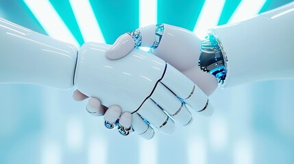 Poster - AI Robot Hand Engaging in a Firm Handshake with a Human Hand in a Workshop Illuminated by Blue Lights, Symbolizing Collaboration in Robotics and Engineering Innovation