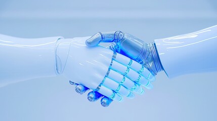 Poster - AI Robot Hand Engaging Human Hand in a Futuristic Workshop, Illuminated by Blue Lights, Showcasing Advancements in Robotics and Human-Machine Interaction