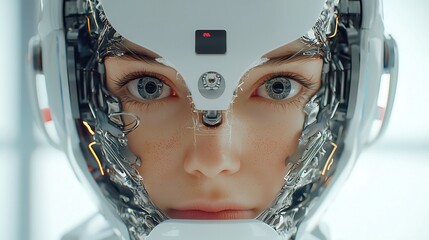Poster - Creation's Gaze, an AI robot observes her creator, a moment of connection, innovation meets humanity, reflecting curiosity and the bond between maker and machine.