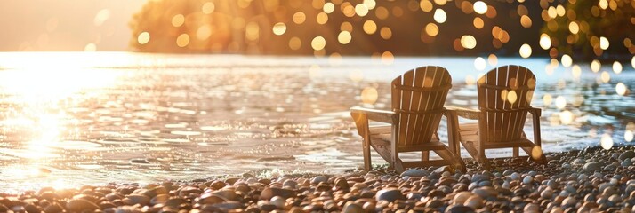 Sticker - Wooden chairs on a pebbled lakeshore overlooking tranquil water illuminated by a golden light.