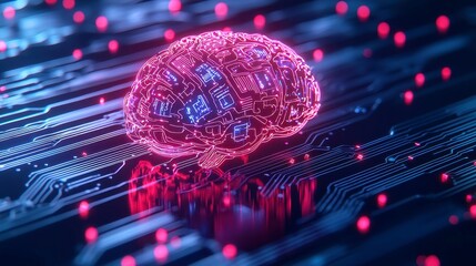 Poster - AI Neural Network in Cyber Space, a digital brain interconnected with big data, showcasing advanced deep learning capabilities in a vibrant 3D rendering.