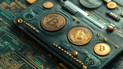 Poster - A 3D model of a cryptocurrency wallet with coins and blockchain symbols, representing the future of digital finance.