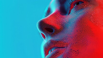 Poster - Digital Representation of Biometric Data, a woman's face displayed through intricate patterns of dots, symbolizing the intersection of artificial intelligence and personal identity.
