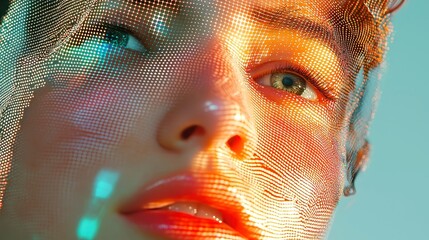 Poster - AI Biometric Data Visualization, a computer-generated depiction of a woman's face composed of numerous dots, illustrating the intersection of technology and identity.