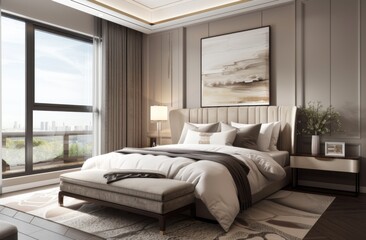 Poster - large bedroom with an elegant and soft bed, white bedding, grey walls, a large window on the left side, a neutral color palette, a modern style, a comfortable atmosphere, a luxurious interior