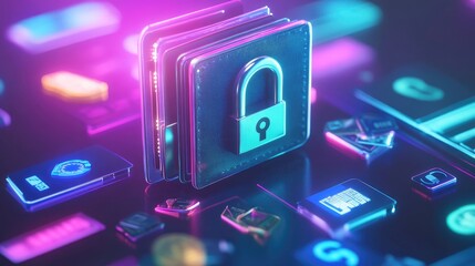 Poster - A 3D model of a digital wallet with secure locks and various currency icons, illustrating financial security.