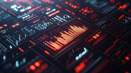Poster - A 3D rendering of a financial dashboard with stock prices, currency rates, and market indices.