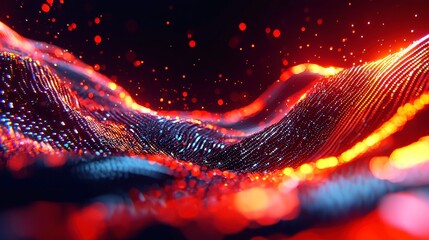 Poster - Glowing Digital Wave Abstract, a mesmerizing digital landscape featuring luminous, soft-focus particles flowing seamlessly, evoking a sense of tranquility and depth.
