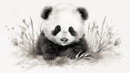 Wall Mural - sweet young Panda bear drawing, panda pencil drawing vintage.