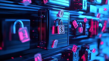 Poster - A digital bank in 3D, with floating currency symbols and secure locks, symbolizing modern banking solutions.