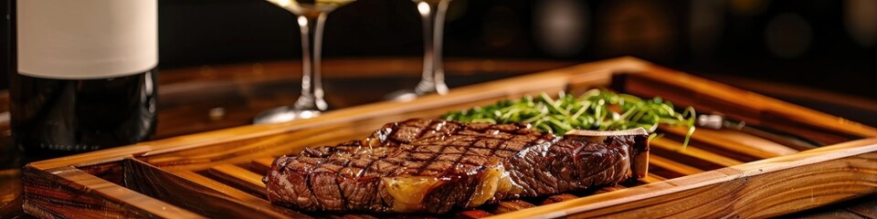 Poster - Grilled steak presented on a wooden platter with a glass of white wine beside it.