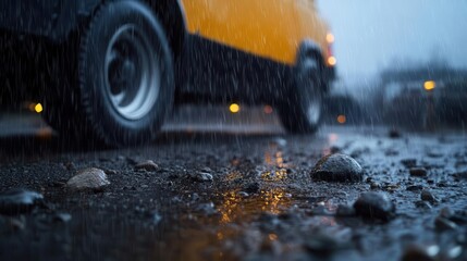 Close-up of a rainy street with a yellow vehicle, featuring wet pavement and scattered stones, capturing the essence of a stormy day.