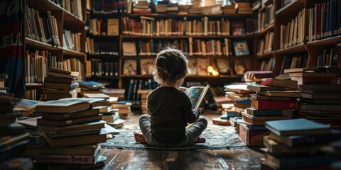 A child is sitting on the floor in a library surrounded by books