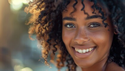 Young woman with curly hair smiling in natural light outdoors during golden hour