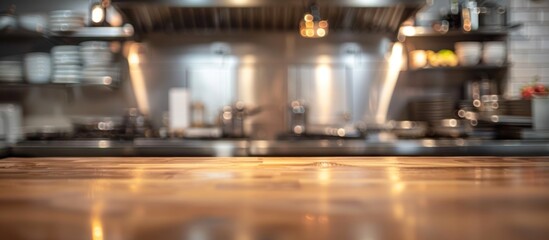 Wooden Countertop with Blurred Kitchen Background