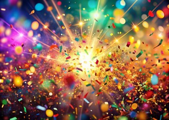 vibrant confetti explosion fills the air, surrounded by blurred abstract colors, capturing the essen