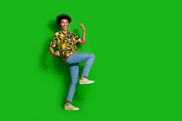 Canvas Print - Photo of cheerful positive man wear trendy summer print clothes celebrate sale yes isolated on green color background