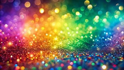 Poster - Vibrant rainbow-colored glitter sparks dance across a soft, pastel-hued background, creating a whimsical and playful atmosphere perfect for party, celebration, and festive designs.