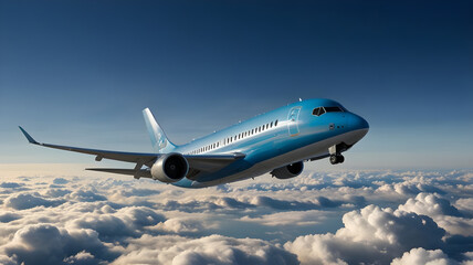 Commercial XL jet airplane flying over clouds  bright blue sky remote seen 