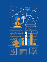 Poster - A businessperson holds a globe symbolizing global expansion, with a chart representing growth, a scale indicating balance, and a cloud representing innovation.
