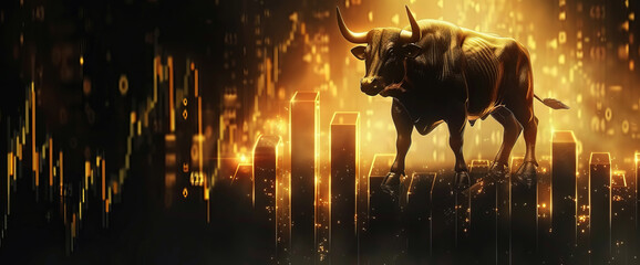 Poster -  the bull stands on an abstract background with rising stock market charts and gold bars