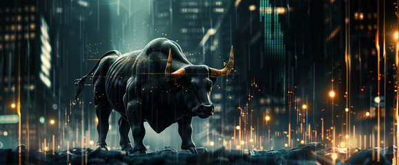 Sticker -  the bull stands on an abstract background with rising stock market charts and gold bars