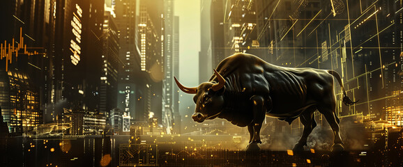 Poster -  the bull stands on an abstract background with rising stock market charts and gold bars