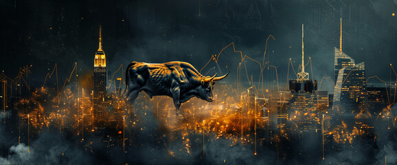 Poster -  the bull stands on an abstract background with rising stock market charts and gold bars