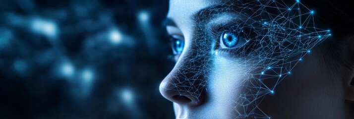 Poster - a close-up of a woman's face with blue eyes, looking to the side, with a futuristic digital network 