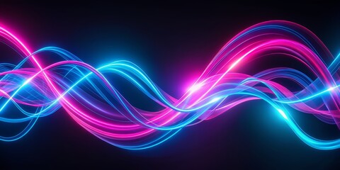 Poster - Vibrant pink and blue neon ribbon swirls dynamically across a dark abstract background, evoking a sense of futuristic energy and playful celebration in 3D animation.