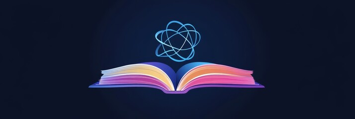 Poster - a colorful book opens revealing vibrant pages, a glowing atom symbol above signifies the power of kn