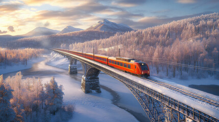 Electric train crossing a picturesque bridge over a frozen river, with the surrounding landscape covered in a blanket of snow.