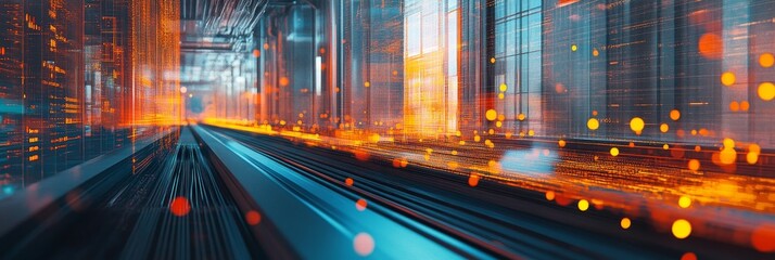 Poster - A digital cityscape with glowing lights, abstract patterns and a sense of speed and movement.  It symbolizes technology, innovation, progress,  urban life, and the future.