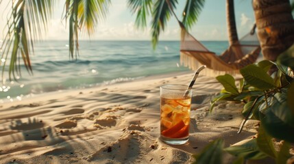 Poster - A serene beachfront scene showing a cocktail on the sandy shore, with a hammock hanging between palm trees. Clear ocean water and a blue sky add to the tranquil setting.