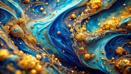 Poster - Vibrant blue liquid abstract background with swirling gold mineral textures, evoking luxury and nature, perfect for creative projects, wallpapers, and art designs.