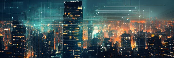 Poster - A futuristic cityscape with towering skyscrapers illuminated by glowing lights, representing urban development, technology, connectivity, and innovation.
