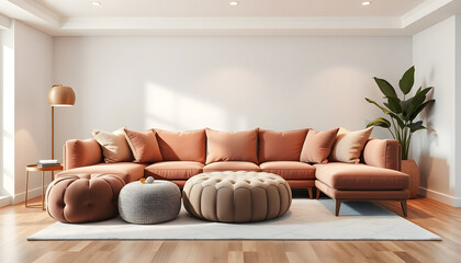 Wall Mural - Stylish interior of living room with sofa, pouf and soft pillows isolated with white highlights, png