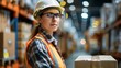 © ChaoticMind - A woman wearing a hard hat, safety glasses, and an orange safety vest, stands in a warehouse setting with shelves and boxes in the background, ready for work.