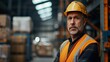 © ChaoticMind - A middle-aged man wearing a yellow hard hat and an orange safety vest stands confidently in a warehouse filled with shelves and boxes in the background.