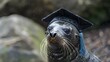 © ChaoticMind - A whimsical wet seal with a blue tassel on its graduation cap represents the integration of education with marine life, photographed in a marine setting with rocks.
