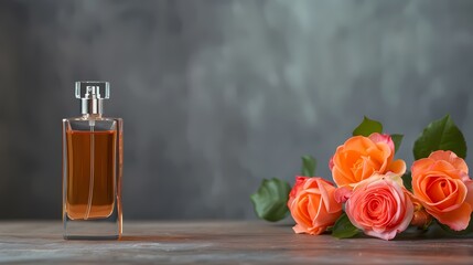 An elegant perfume bottle beside fresh orange roses, creating a romantic and luxurious atmosphere for any occasion.