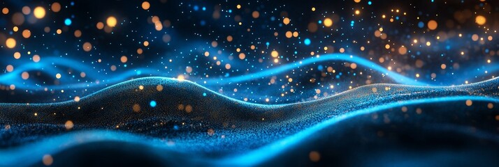 Poster - a mesmerizing abstract background with a flowing blue wave, sparkling with golden particles, symboli