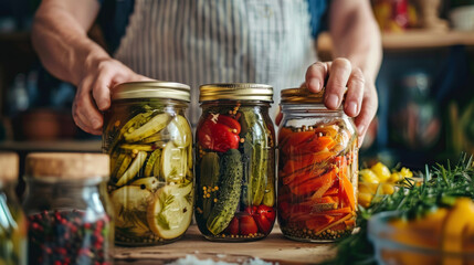 Farmer packing jars with variety of vegetables for fermentation, cabbage and cucumbers, handmade, artisanal process. Home preservation, canning for the winter. Generative ai.