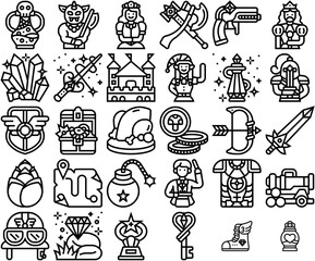 Set Of Game Elements Line Icons Web Header Banner Design Containing Battle,Game,Treasure,Magic,Fighter Pictograms And Infographics Design Elements Vector Illustration