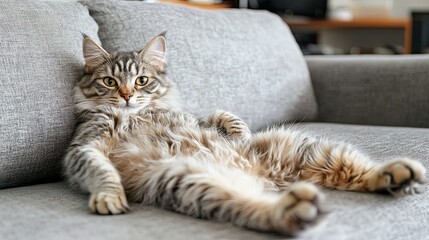 Cute tabby cat lying on grey sofa in living room at home